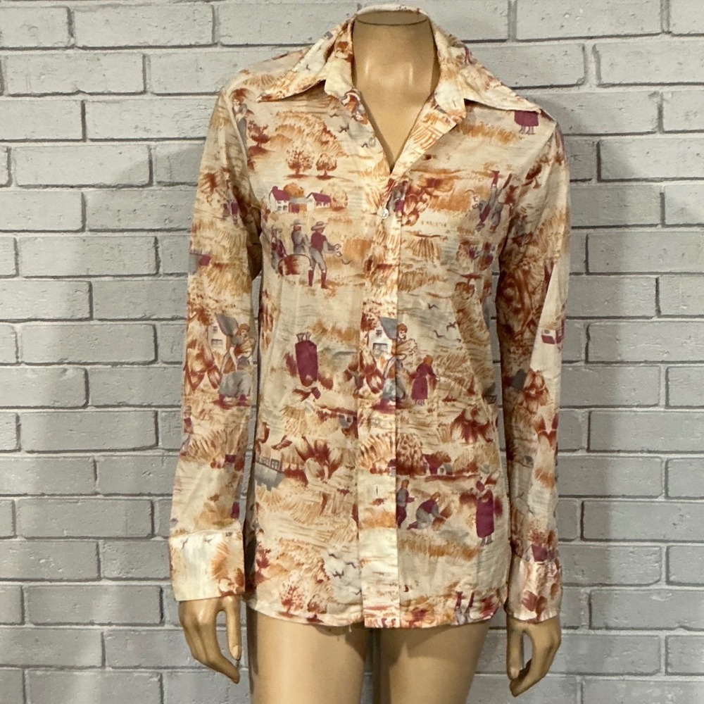 Vintage Knitwear 70s Pastoral Toile Print Nylon Button Down Shirt Tan Rust Small